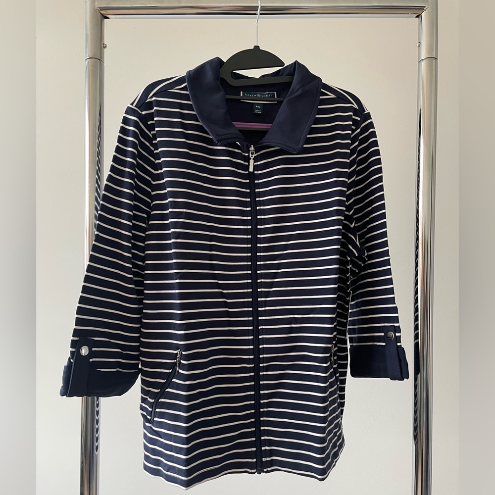 Karen Scott Sport Petites Navy Striped Women's Zip-Up